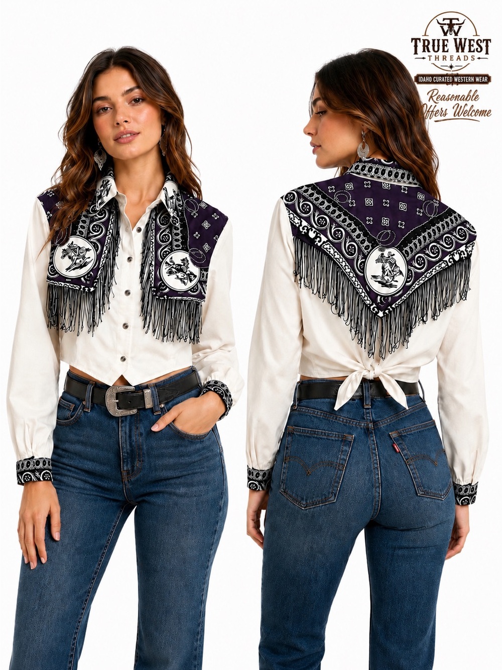 Vintage Roughrider by Circle T Western Fringe Cropped Purple Paisley Cowgirl USA
